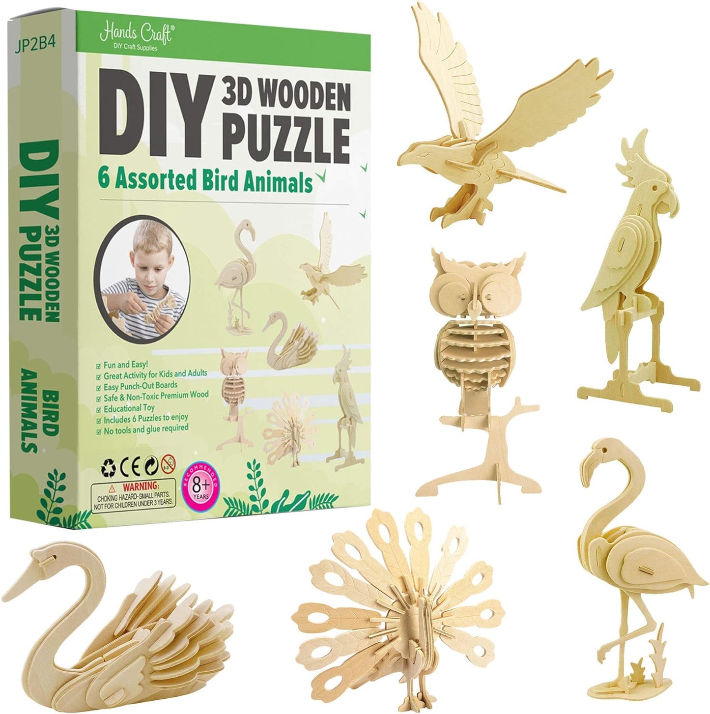 Hands Craft DIY 3D Wooden Puzzle – 6 Assorted Bird Animals Bundle Pack Set Brain Teaser Puzzles Educational STEM Toy Adults and Kids to Build Safe and Non-Toxic Easy Punch Out Premium Wood JP2B4