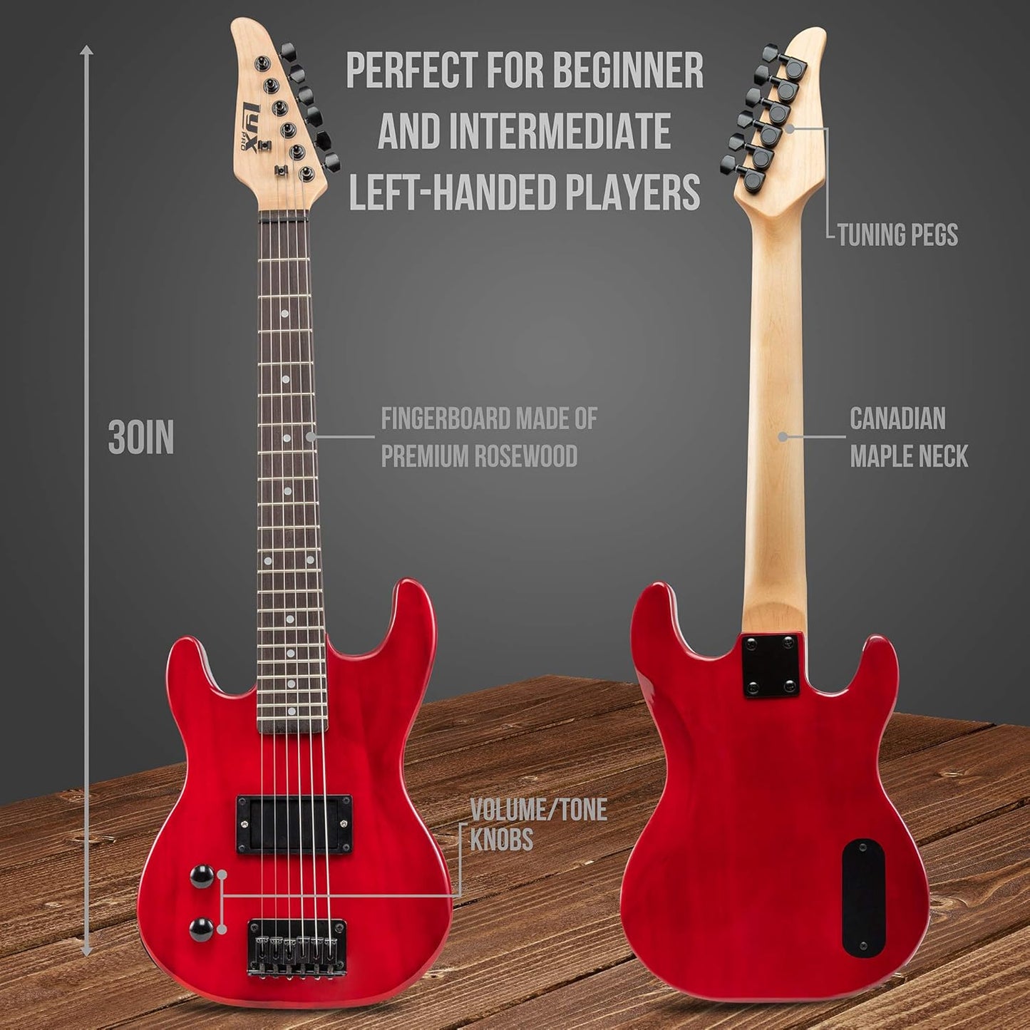 LyxPro Left Hand 30 Inch Electric Guitar Kit for Lefty Kids 3/4 Size Beginner’s Guitar, Amp, Six Strings, Two Picks, Shoulder Strap, Digital Clip On Tuner, Guitar Cable and Soft Case Gig Bag - Red