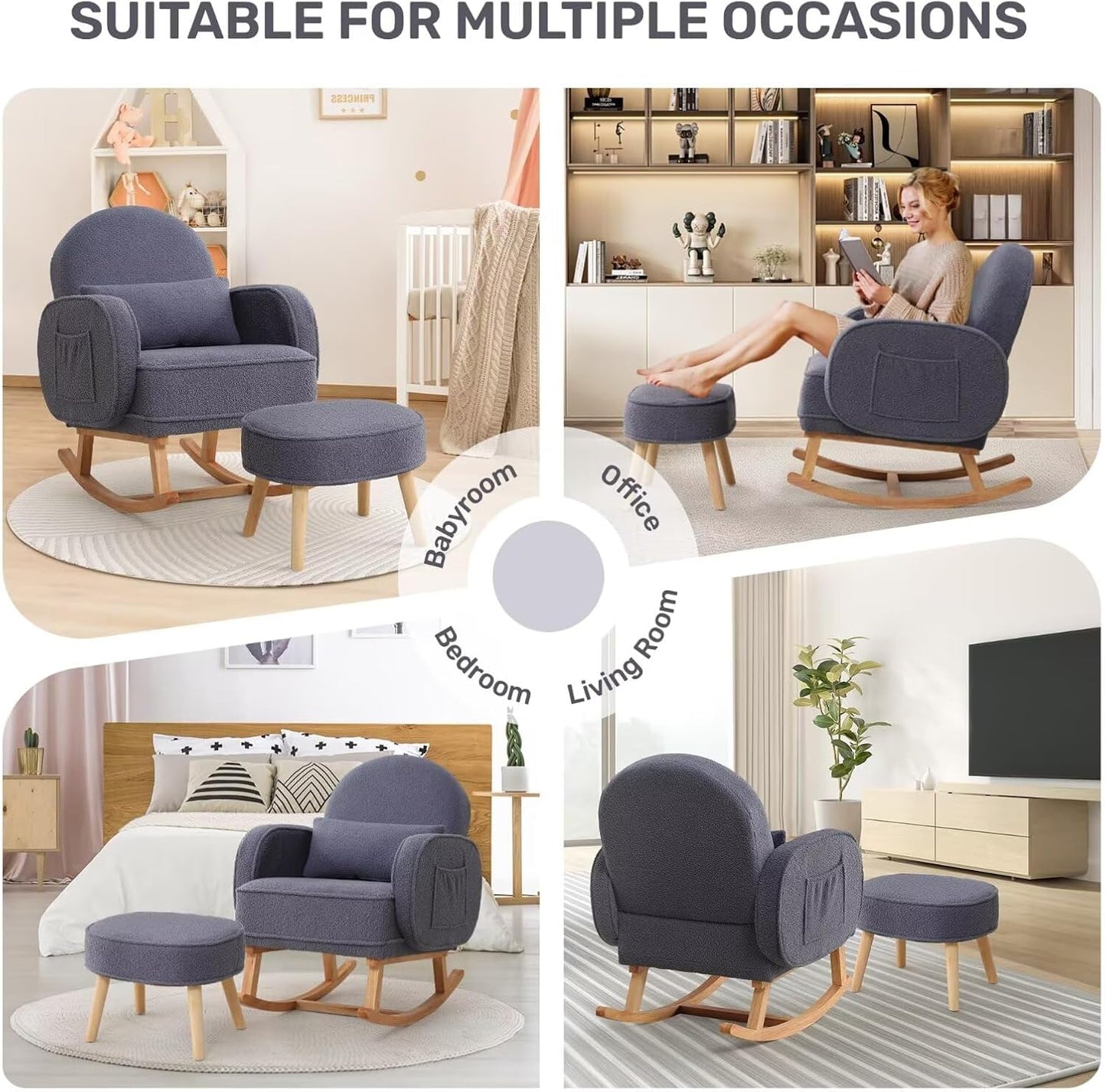 Nursery Rocking Chair with Ottoman, Upholstered Glider Rocker with High Backrest and Side Pocket, Rocking Accent Armchair with Solid Wood Legs for Nursery, Living Room, Bedroom Dark Grey