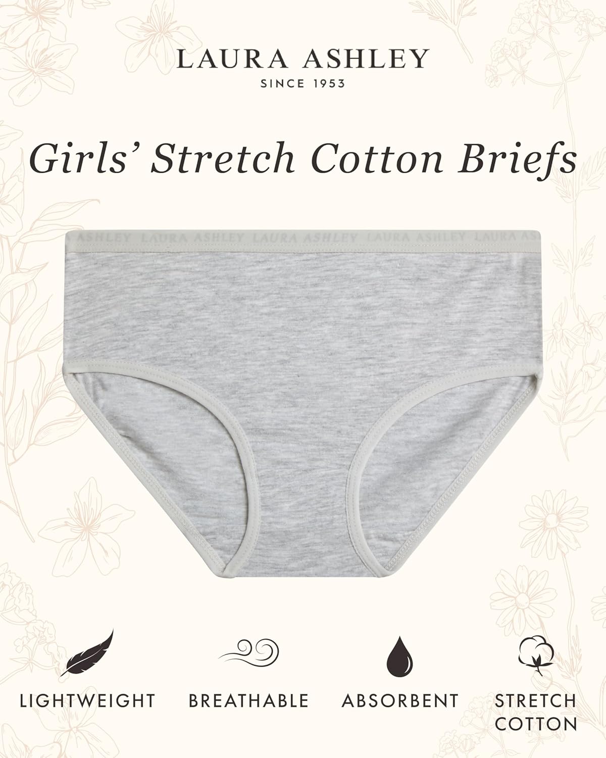 Laura Ashley Girls Underwear - 5 Pack Soft Stretch Breathable Panties for Girls - Lightweight Cotton Panties (Size: 4-12)