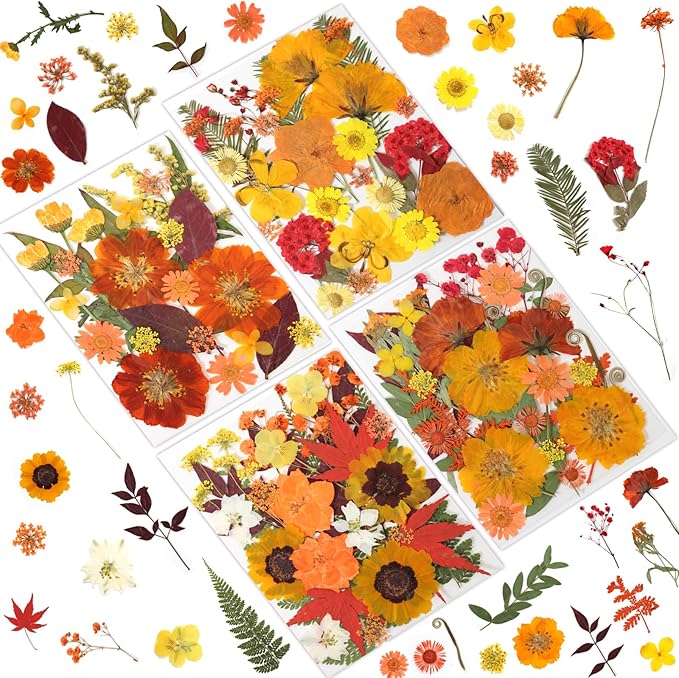 120 Pcs Dried Pressed Flowers for Crafts, Real Natural Flowers in Vibrant Yellow, Orange & Red Tones for Resin, DIY Art, Jewelry, Scrapbooking & Candle Making – Tweezers Included