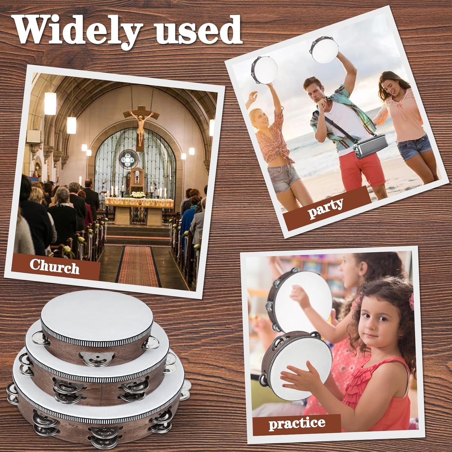 Wooden Hand Held Percussion Tambourine with Storage Bag - 6+8+10 Inches, Ideal for Church, Wedding, Party, Dance, Photo Shoot