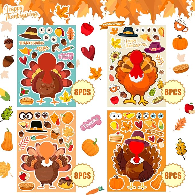 32 Sheets Thanksgiving Stickers, Thanksgiving Crafts for Kids, Make-A-Turkey Stickers for Kids Thanksgiving Party Favors Decorations Games Supplies
