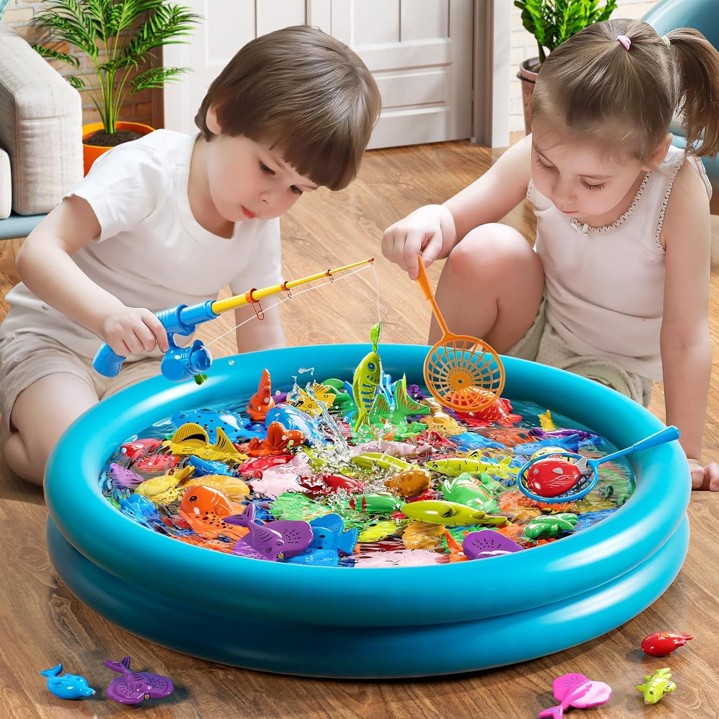 Pool Fishing Toys Games, Water Table Bathtub Toy with Inflatable Pool Pole Rod Net Plastic Floating Fish, Birthday Gifts for Kids Age 3 4 5 6 Year Old,Kids Outdoor Toys