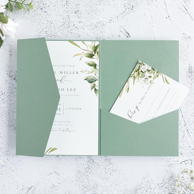 20 PCS Sage Green Tri-fold Laser Cut Wedding Invitation Pockets for 5x7 Wedding Cards Bridal Shower Engagement Quinceanera Invitation
