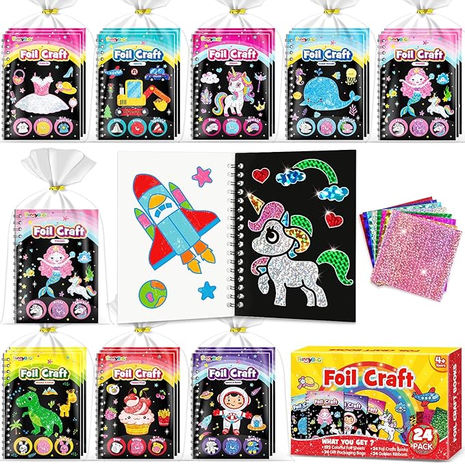 FUNNYB&G Foil Art Party Favors for Kids - 24 Pack Foil Art Crafts Kits Coloring Books, Goodie Bag Stuffers Party Favors for Kids 4-8 8-12, Bulk Birthday Classroom Prizes Girls Boys Gifts Halloween