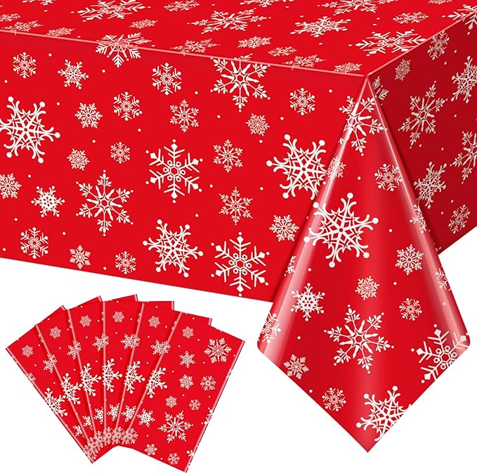 Jectivs 6 Pieces Christmas Snowflake Plastic Party Tablecloth Decorations,White Snowflake Red Xmas Backdrop Sign Table Cover Banner for Winter Christmas Holiday Party Supplies,54x108 inch (Red)