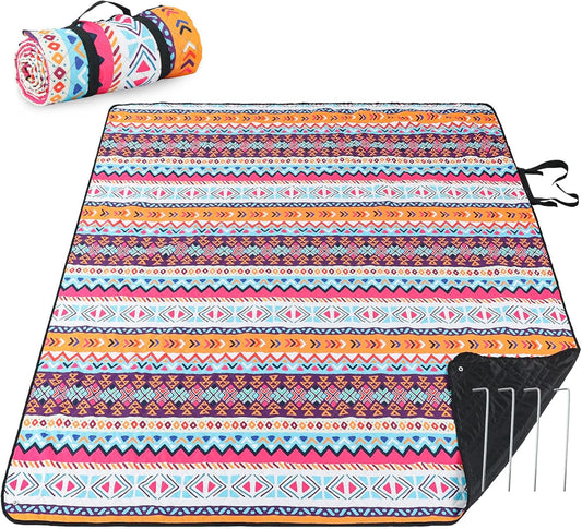 PY SUPER MODE Picnic Blankets Extra Large, Waterproof Foldable Outdoor Beach Blanket Oversized 83x79” Sandproof, 3-Layer Picnic Mat for Camping, Hiking, Travel, Park, Concerts-Bohemian Brown