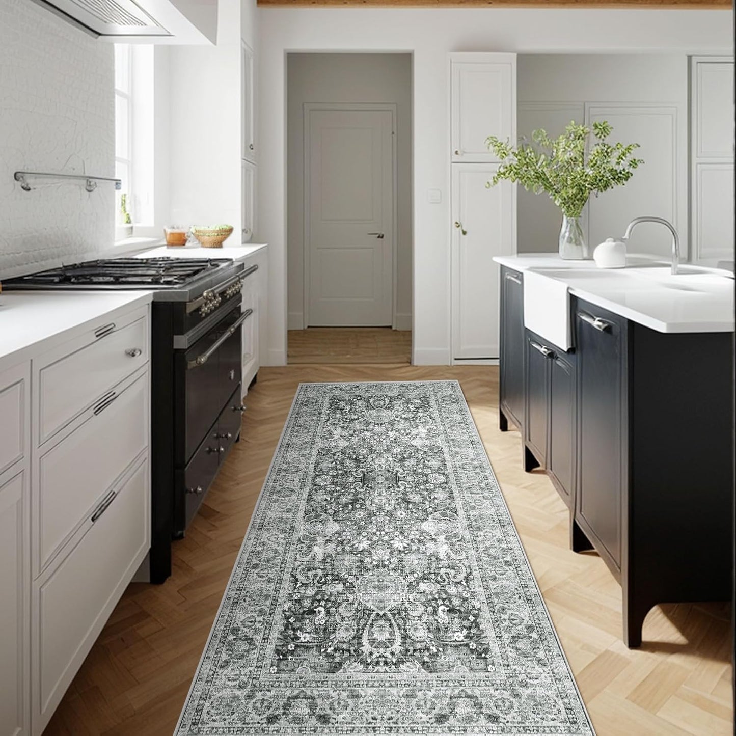 Washable Non-Slip Cream Rug - 3x8 Kitchen Runner with Non-Shedding, Boho Distressed Carpet for Hallways & Bedroom Vintage Grey