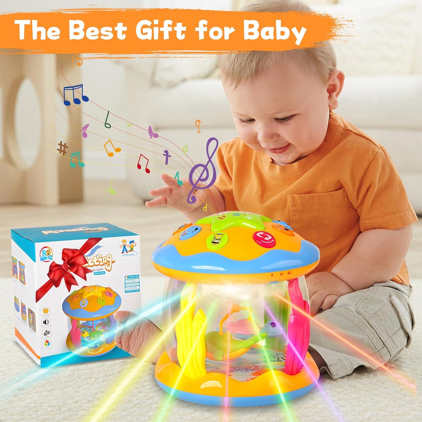 Baby Toys 6 to 12 Months - Musical Rotating Light Up Infant Toys, Early Learning Toys Baby Crawling Drum Toy, Tummy Time Educational Sensory Baby Girl Gifts for Toddlers 1 2 3 Years Old
