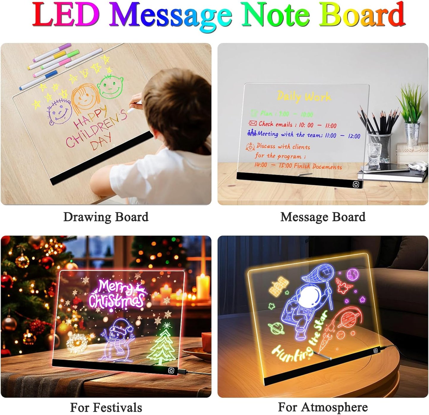 LED Note Board with Colors, 11.8"X9.4" Led Drawing Board Acrylic Dry Erase Board with Light for Kids 7 Colors Message Board Night Light with 7 Markers for Birthday Party Christmas Holiday Gift