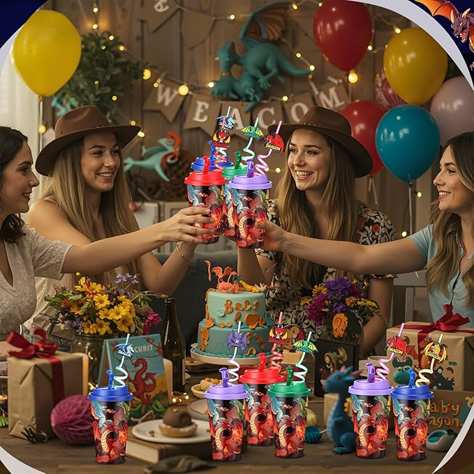 Yungyan 16 Sets Dragon Party Favors Goodie Cups with Lids and Straws for Birthday Decorations Reusable 16oz Plastic Candy Cups Plastic Straws for Birthday Party (Dragon)