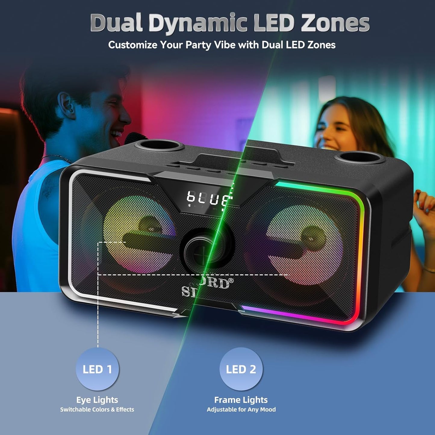 SD-215 Bluetooth Karaoke Machine for Adults & Kids- 2 Wireless Mics, 80W Powerful Sound, Rechargeable,15-Hour Playing, 6500mAh, LED Lights, Supports BT/USB/AUX for Home Parties Outdoor Gatherings