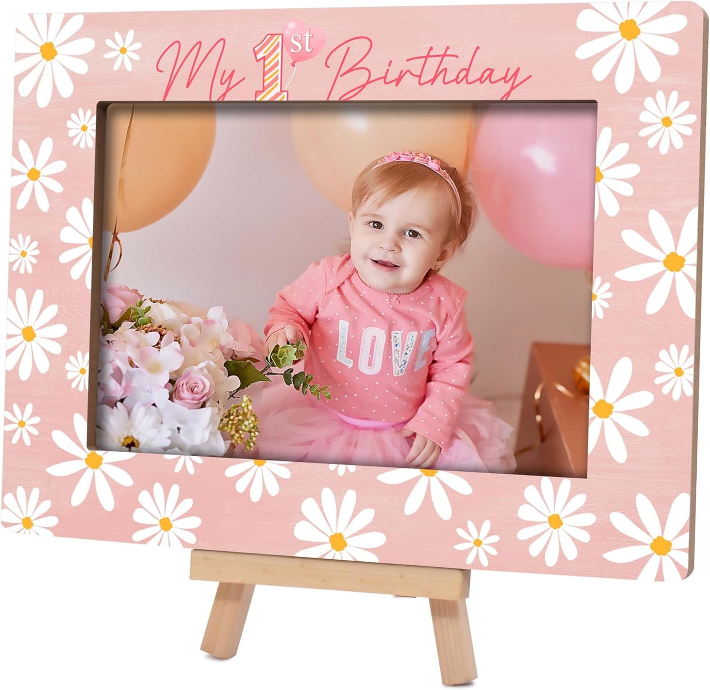 My 1st Birthday Picture Frames, Daisy Wooden 4x6 Photo Frame with Easel, Baby First Year Birthday Gifts for Home Office Tabletop Display Decorations - G01