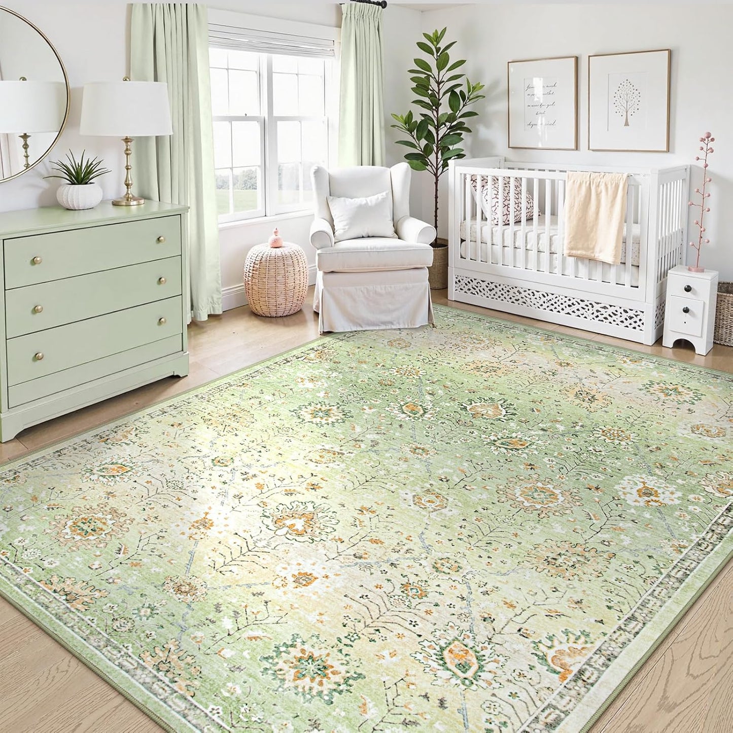 Lahome Sage Green Area Rug 8x10 for Living Room Bedroom, Soft Boho Floral Machine Washable Rugs, Non Slip Indoor Carpet for Nursery Playroom Indoor Home Decor