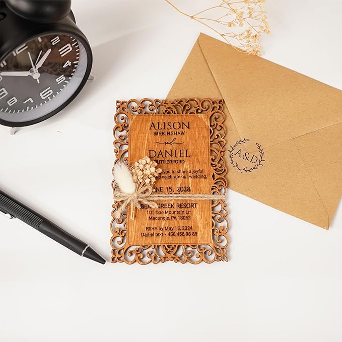 Personalized Wedding Invitations, Laser Cut Wedding Invitation, Flower Wooden Invitations with Envelopes & Stickers, Easy Personalization, 5 Different Color Options