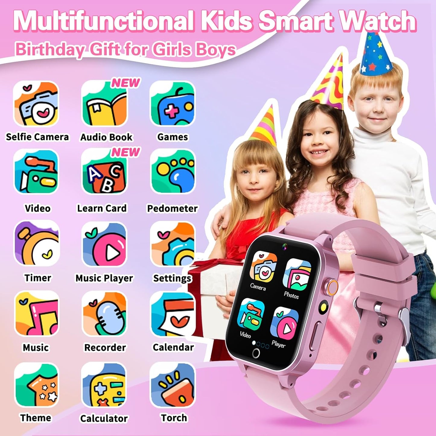 Kids Smart Watch Girls Gift for Girl Aged 6-12, HD TouchScreen Kids Watch with 26 Games Video Camera Music Pedometer Audiostory Learn Card Educational Toys Birthday Gifts for Girls Ages 5 6 7 8 9