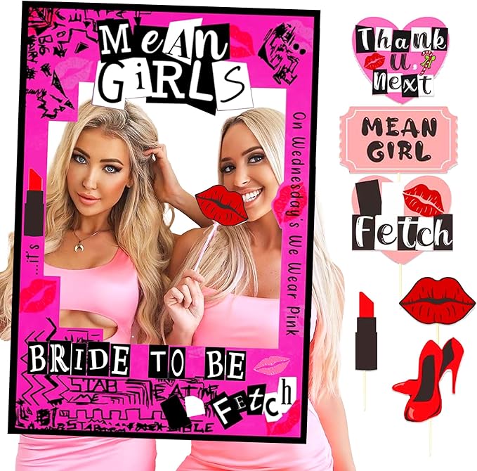 LaVenty Mean Girls Bachelorette Party Photo Booth Props Frame Bachelorette Party Supplies Mean Girls Party Decoration Y2k Party Decorations Bride to Be Photo Booth Props, Red 1