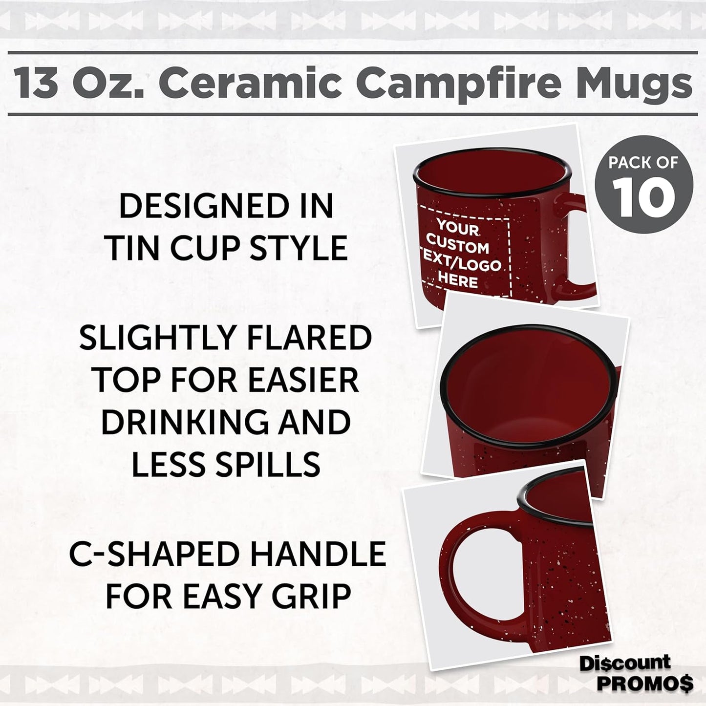 DISCOUNT PROMOS Custom Ceramic Campfire Coffee Mugs 13 oz. Set of 10, Personalized Bulk Pack - Perfect for Tea, Espresso, Cappuccino, Hot Cocoa - Maroon