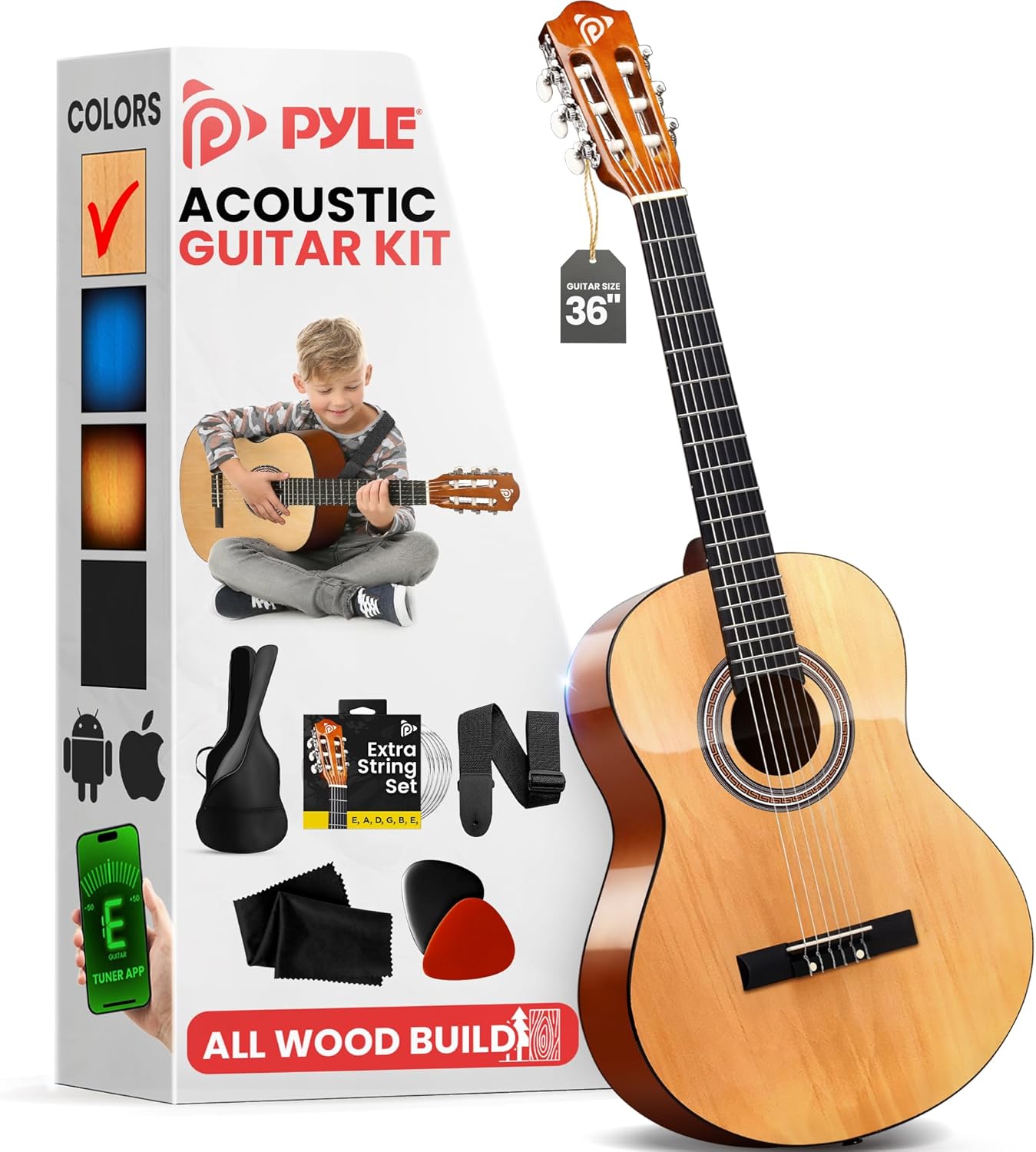 Pyle 6-String Classic Guitar-3/4 Size Scale Guitar with Digital Tuner & Accessory Kit (36’’ -inch), Right, 2 Ash, Gloss, (PGACLS82.X9)