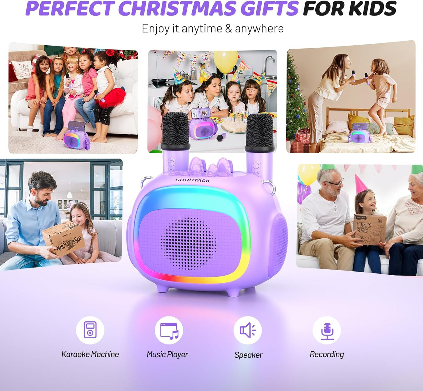 SUDOTACK Mini Karaoke Machine for Kids, Portable Bluetooth Karaoke Speaker with 2 Wilreless Microphones with LED Lights, Birthday Kids Toys Gifts for Girls 4, 5, 6, 7, 8, 9, 10 +Year Old-Purple(KM100)