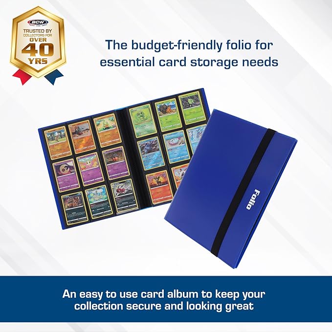 BCW Basics Folio 9-Pocket Card Album - Blue | Archival Safe, Side-Loading Binder | Premium Storage Solution for Trading Cards, Sports Cards, and More | 360-Card Capacity