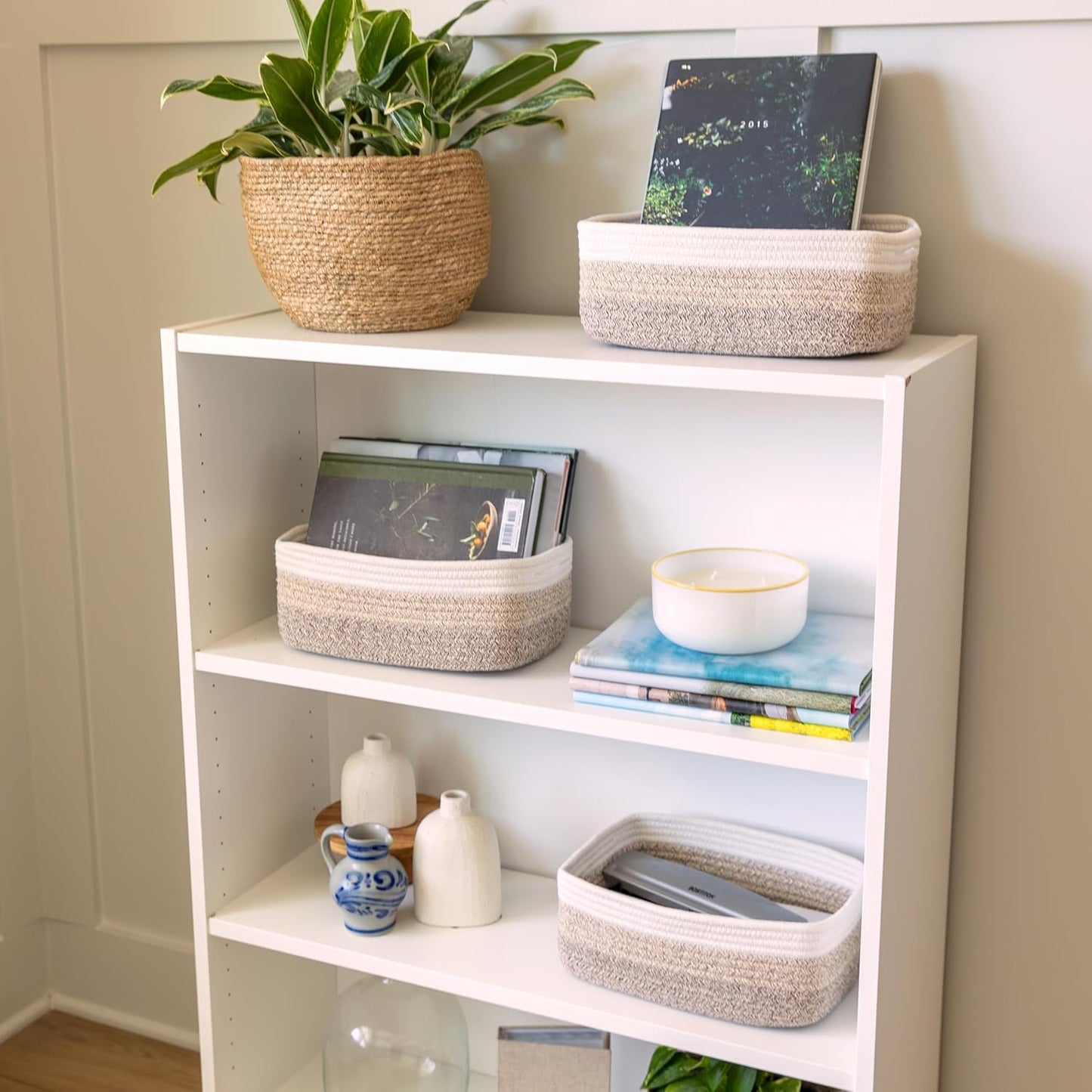 NaturalCozy 11.8"x8"x4.5” Storage Baskets for Shelves 3 Pack | Cotton Rope Woven Small Baskets for Organizing | Small Storage Bins for Nursery, Bathroom, Closet, Cube Shelf, Decorative, Gift Basket