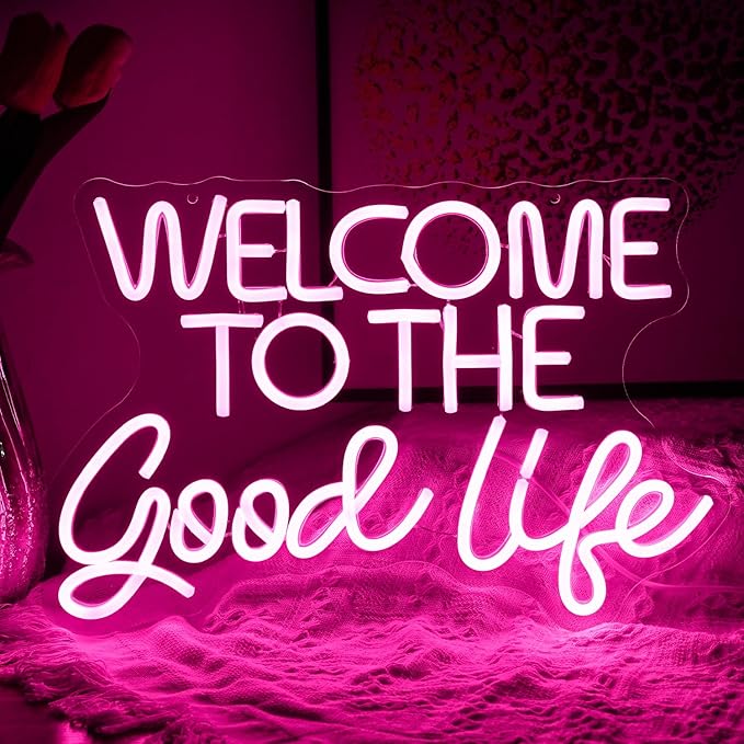 Welcome To The Good Life Neon Sign Letter LED Neon Lights Dimmable USB Powered 16.5’’X11’’Cool Wall Decorative Light Bedroom Kids Room Birthday Party Bar Decoration Gifts for Friend（Pink）