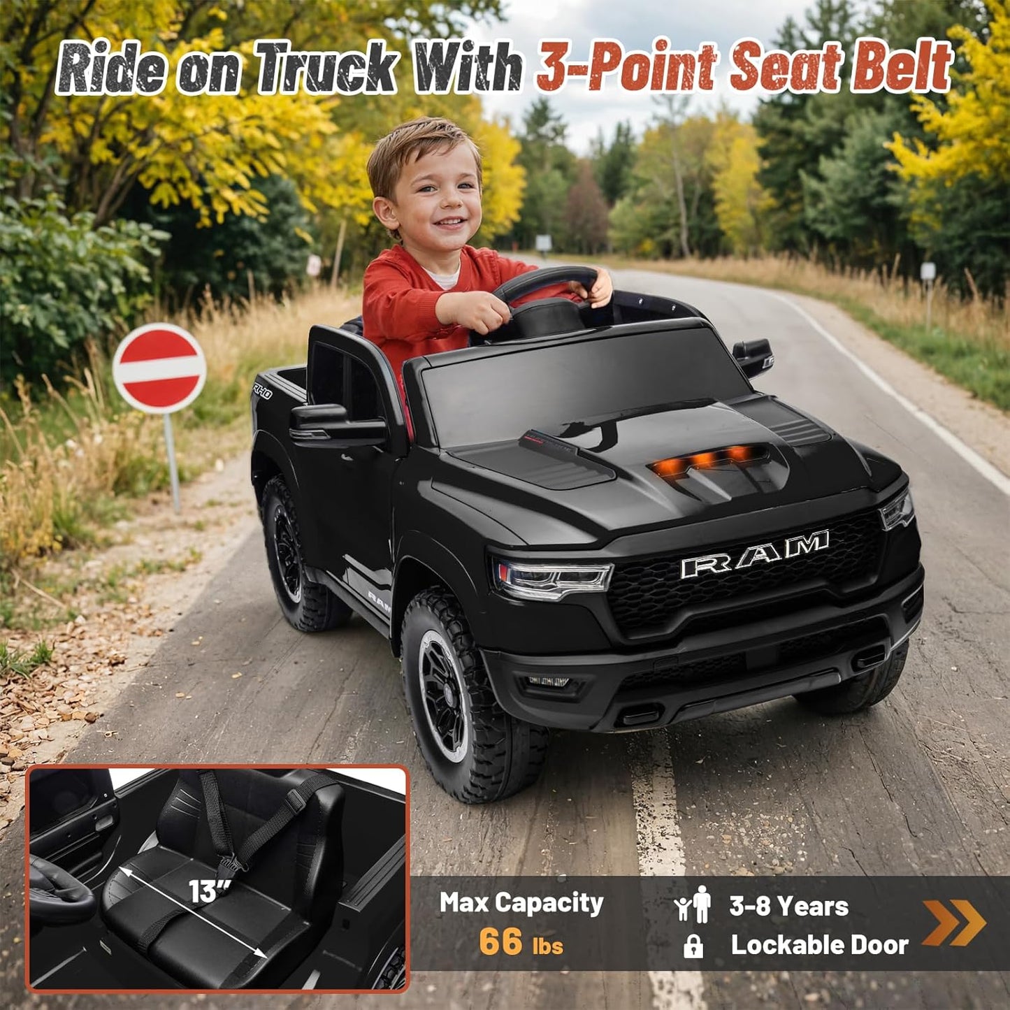 Licensed Ram 1500 Ride on Toys for Kids 4-8, Ride-on Electric Car for Kids with Remote Control, Battery Powered with Car Key/Gear Selector, LED Light/Music/MP3, Back Storage (Black)