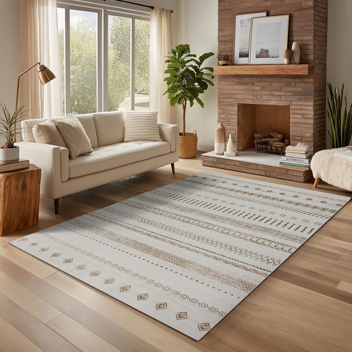 Washable 6x9 Area Rug for Living Room, Boho Carpet for Bedroom Dining Room, Non Slip&Non-Shedding Resistant Low Pile Vintage Print Rug for Home Office (Beige)