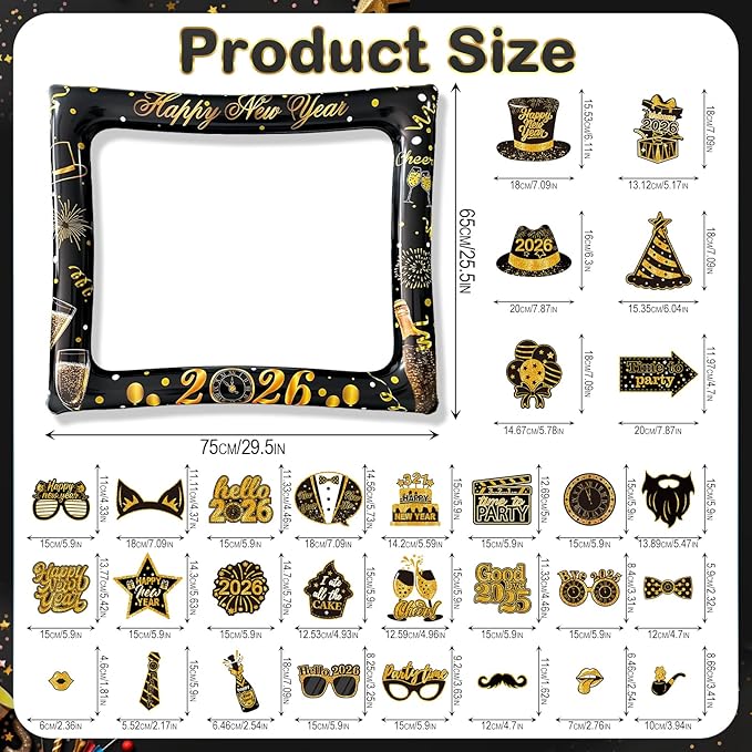 2026 New Year Photo Booth Inflatable Frame Kit, 30Pcs New Years Photo Booth Props with Inflatable Picture Frame Black Gold Decorations for New Year Eve Party Selfie Props Supplies