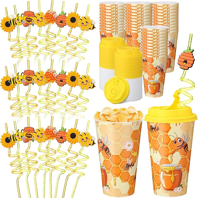 Yungyan 36 Sets Honey Bee Party Favors Goodie Cups with Lids and Straws for Birthday Decorations Reusable 16oz Plastic Candy Cups Plastic Straws for Birthday Party(Bee)