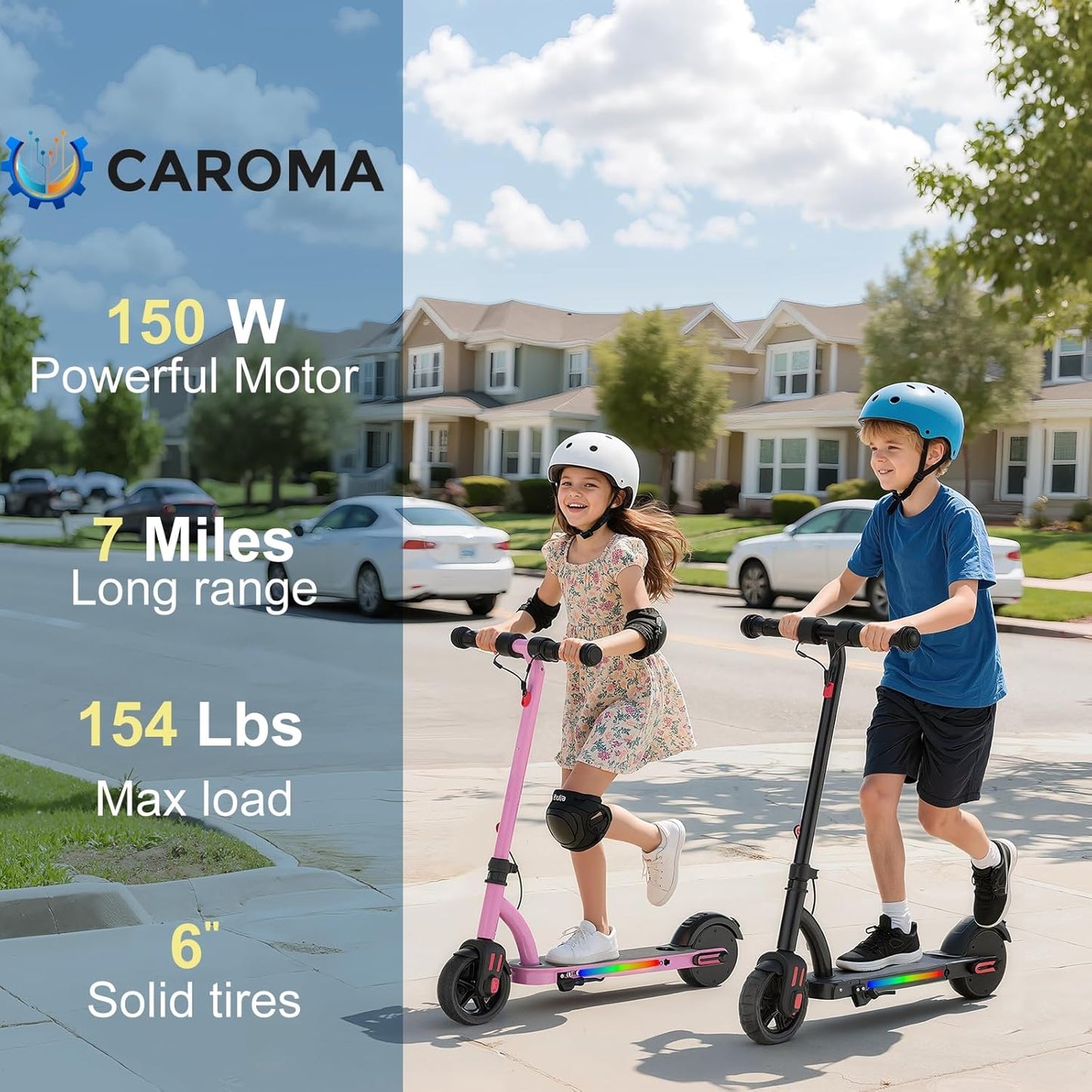 Caroma Electric Scooter for Kids Ages 6-12,150W/180WMotor,10 MPH Max Speed & 7 Miles,Colorful Lights,Adjustable Height & Speed,LED Display,Foldable Kids Electric Scooter 132 Lbs Max Load,Idea Gift