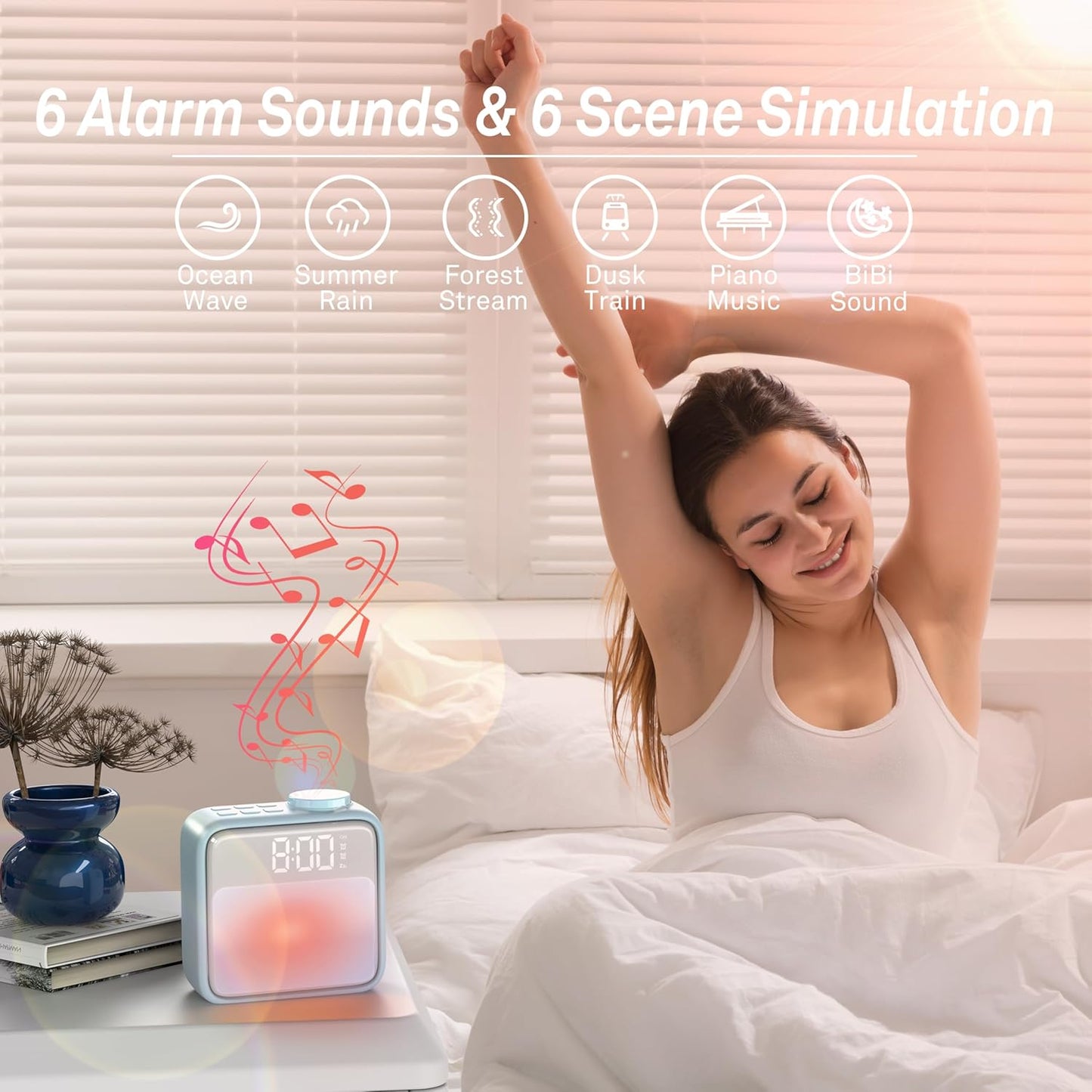AIRIVO Alarm Clock Night Lights, Rechargeable Alarm Clock for Bedrooms, 6 Scenes & White Noise Sync, Dual Alarms & Snooze, for Heavy Sleepers, Gifts for Kids Teens (Blue)