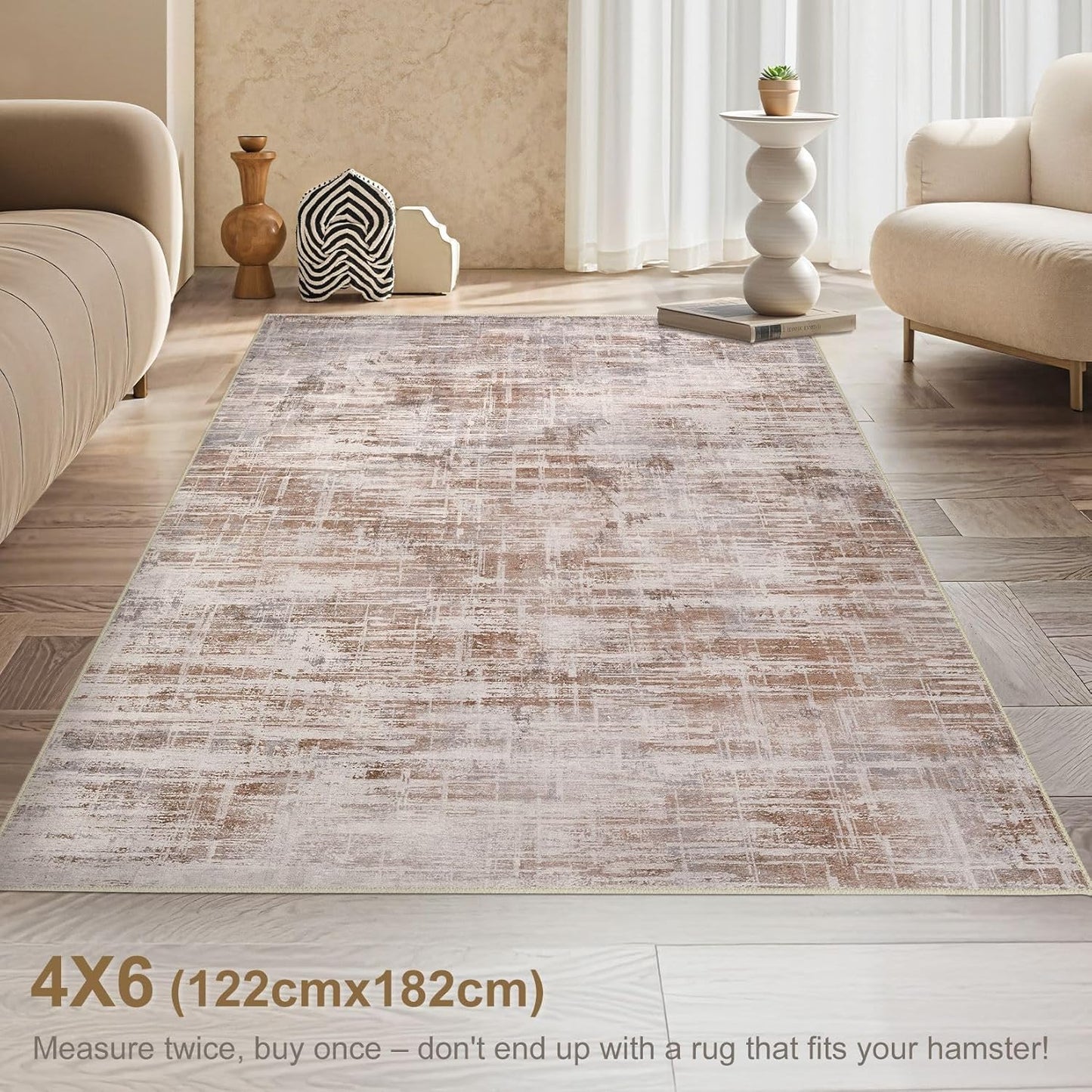 Area Rug for Living Room: 4x6 Washable Neutral Abstract Modern Soft Rugs Non Slip Indoor Floor Stain Resistant Carpet for Bedroom Dining Room Office Nursery - Red Brown