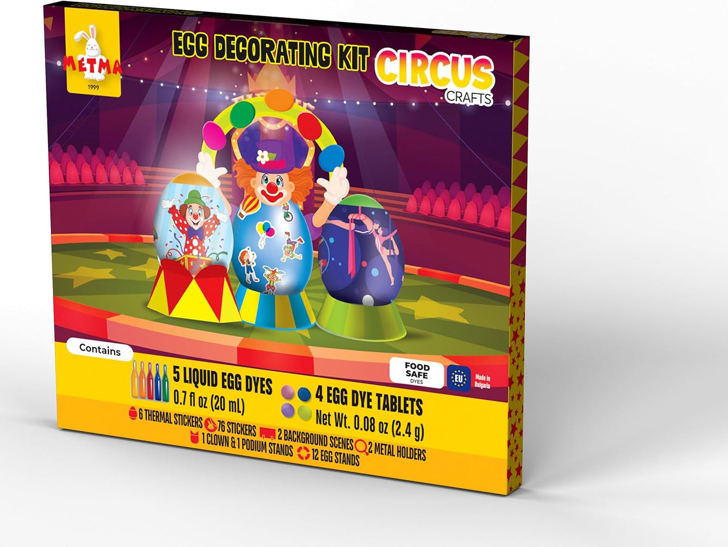 METMA 1999 Egg Decorating Kit Circus Crafts - Complete Decorative Eggs Set with Liquid Dyes, Tablets, Stickers, Egg Spinner and More - Fun Easter Egg Dye Kit Arts and Crafts for Kids (Circus Crafts)