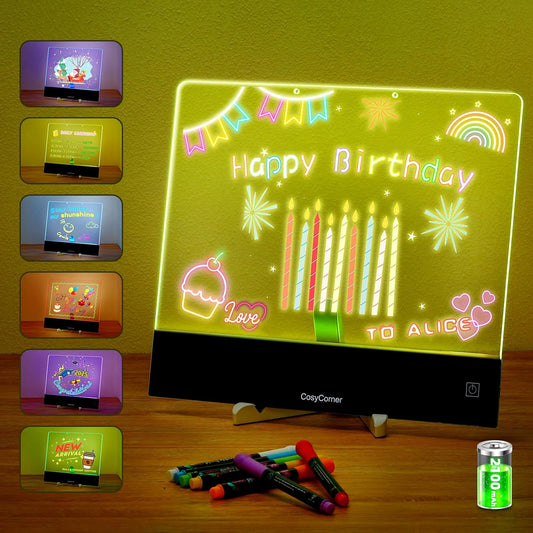 LED Drawing Board for Kids - Doodle Glow Note Board with Colors | Rechargeable Acrylic Dry Erase Board with Light & Touch Switch | 5H Battery, Glow Writing Pad for Toddlers & Artists