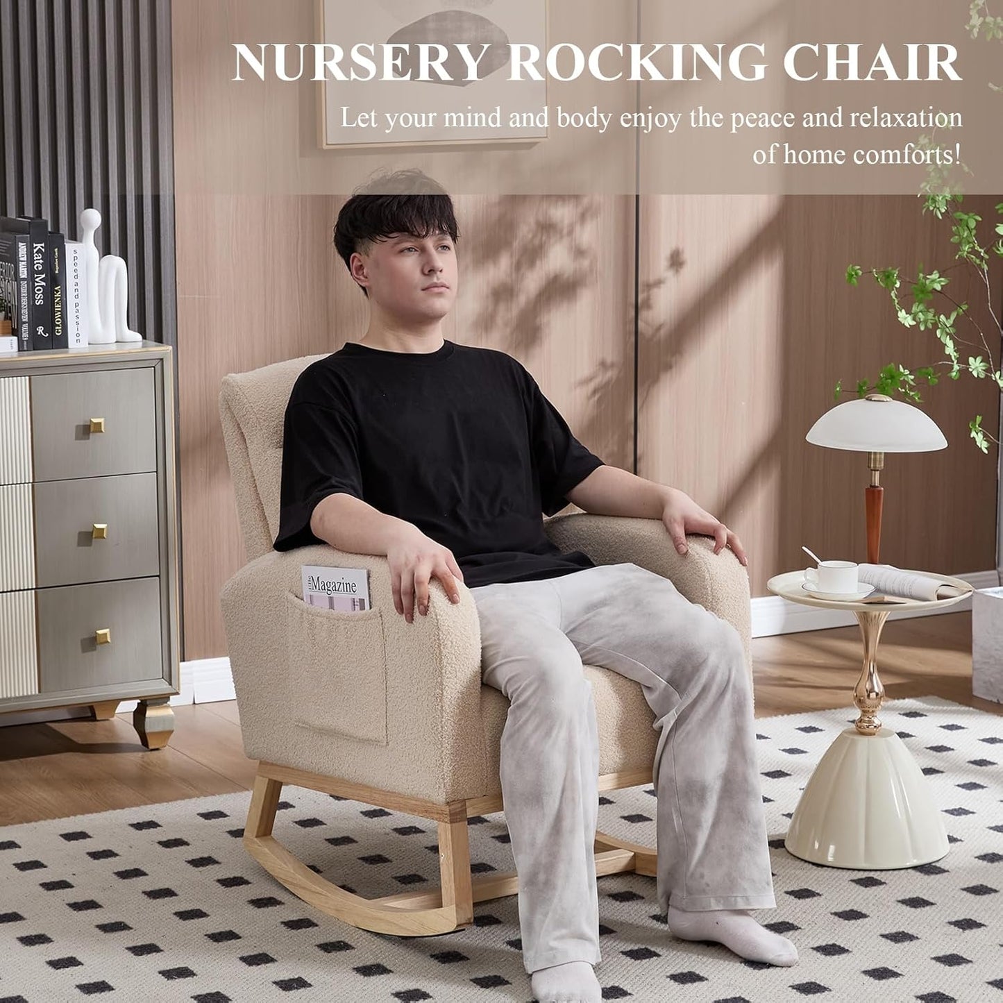 NIOIIKIT Nursery Rocking Chair, Teddy Upholstered Glider Chair with Side Pocket, Glider Rocker Chair with Tufted Back, Comfy Accent Nursing Chair for Living Room (Beige Modern)