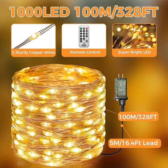 btfarm Fairy Lights Plug in with Remote, 330FT 1000 LED Outdoor Twinkle Lights Waterproof with Timer, 8 Modes Indoor String Lights for Bedroom Patio Garden Wedding Christmas Decoration, Warm White