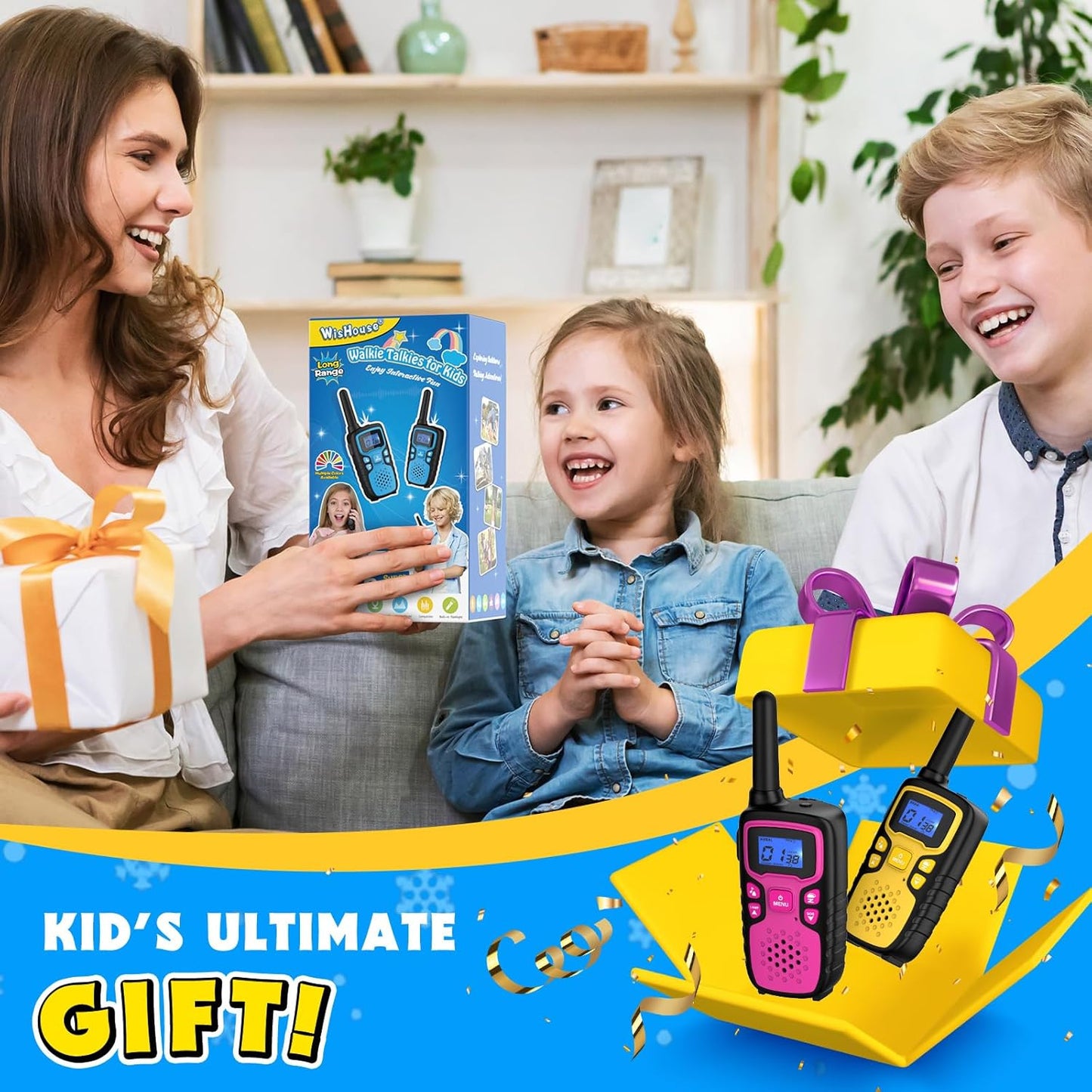 Wishouse Walkie Talkies for Kids Rechargeable Long Range,Xmas Birthday Gift for 4 5 6 7 8 9 Year Old Boys Girls,Hiking Gear Camping Games Cool Toys with NOAA,SOS Siren,Lamp,Lanyards,2 Pack Pink Yellow