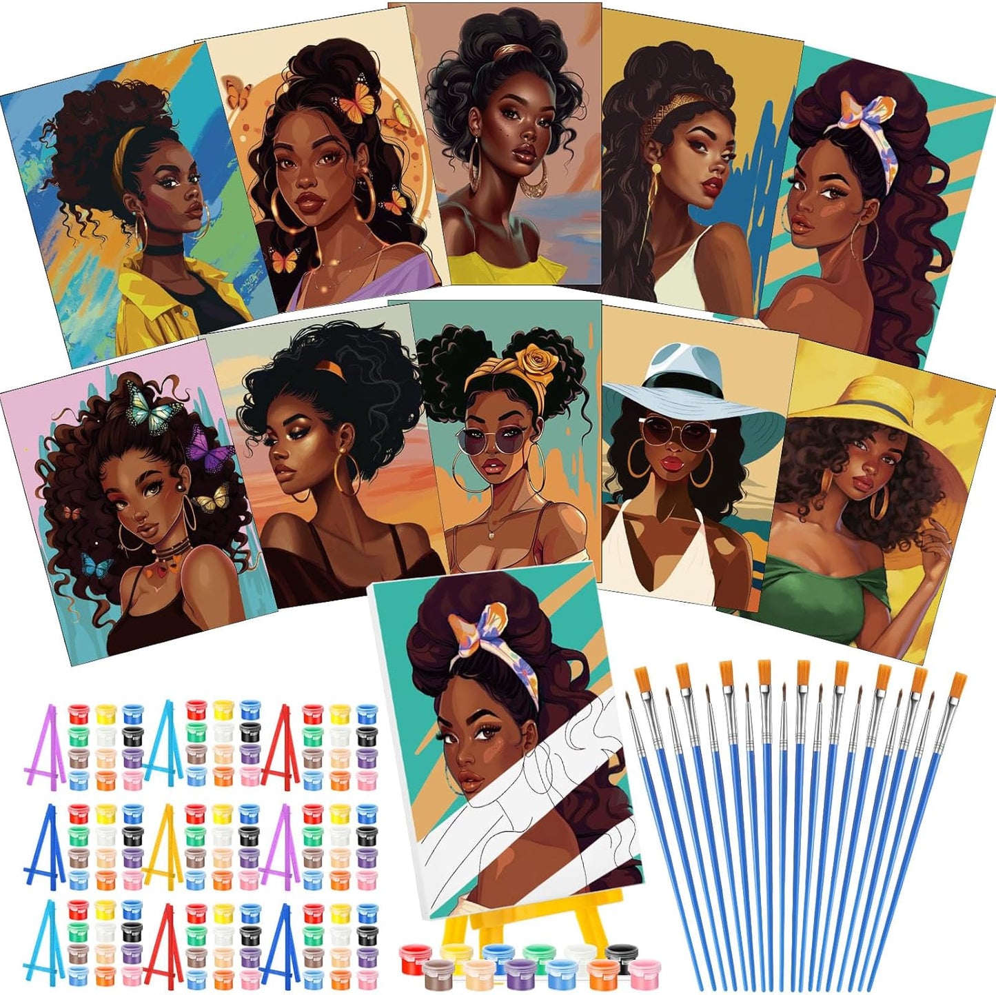 Blosssound 10 Set Pre Printed Canvas Pre Drawn Canvas Painting with Easel Kits 5" x 7" Outline Painting Panels for Beginners, DIY Craft Project, Party Favor, Home Decors(Black Women)