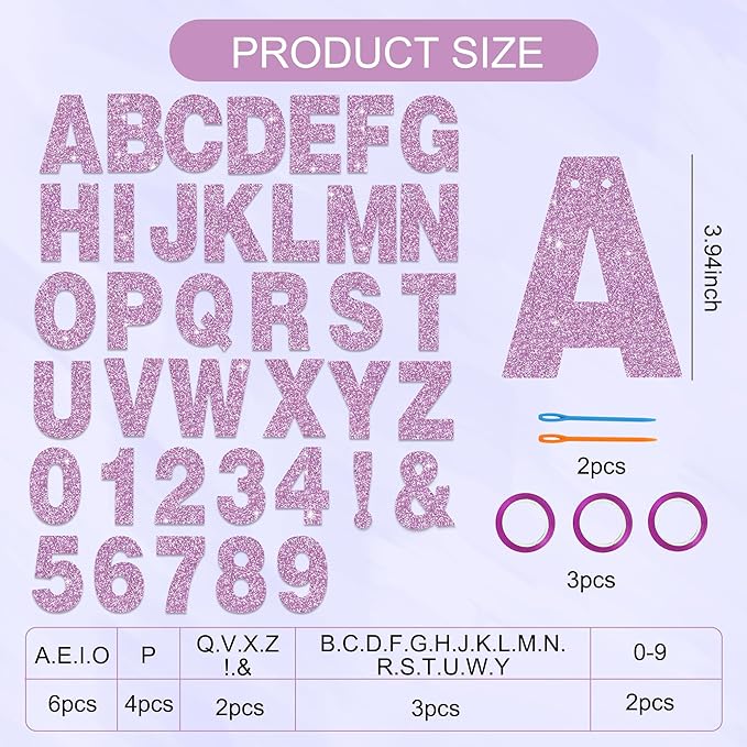 BEISHIDA 116 PCS A-Z Glitter Light Purple DIY Letter Banner Kit Make Your Own Banner，Including 111 Letters and Numbers 3 Rope and 7 Threading Device,Customized for Birthday Graduation Wedding Party Decor
