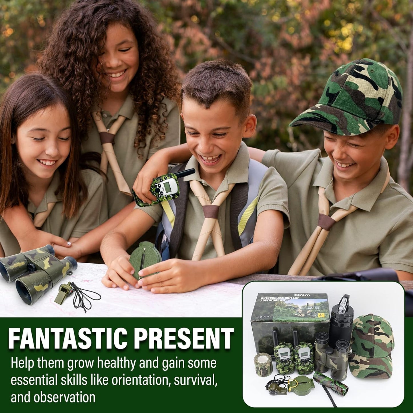 Outdoor Adventure Kit for Kids – Premium Camouflage Camping Gear with Walkie-Talkies – Military Style Toys – 10 in 1 Bundle – Ideal for All Ages and Genders