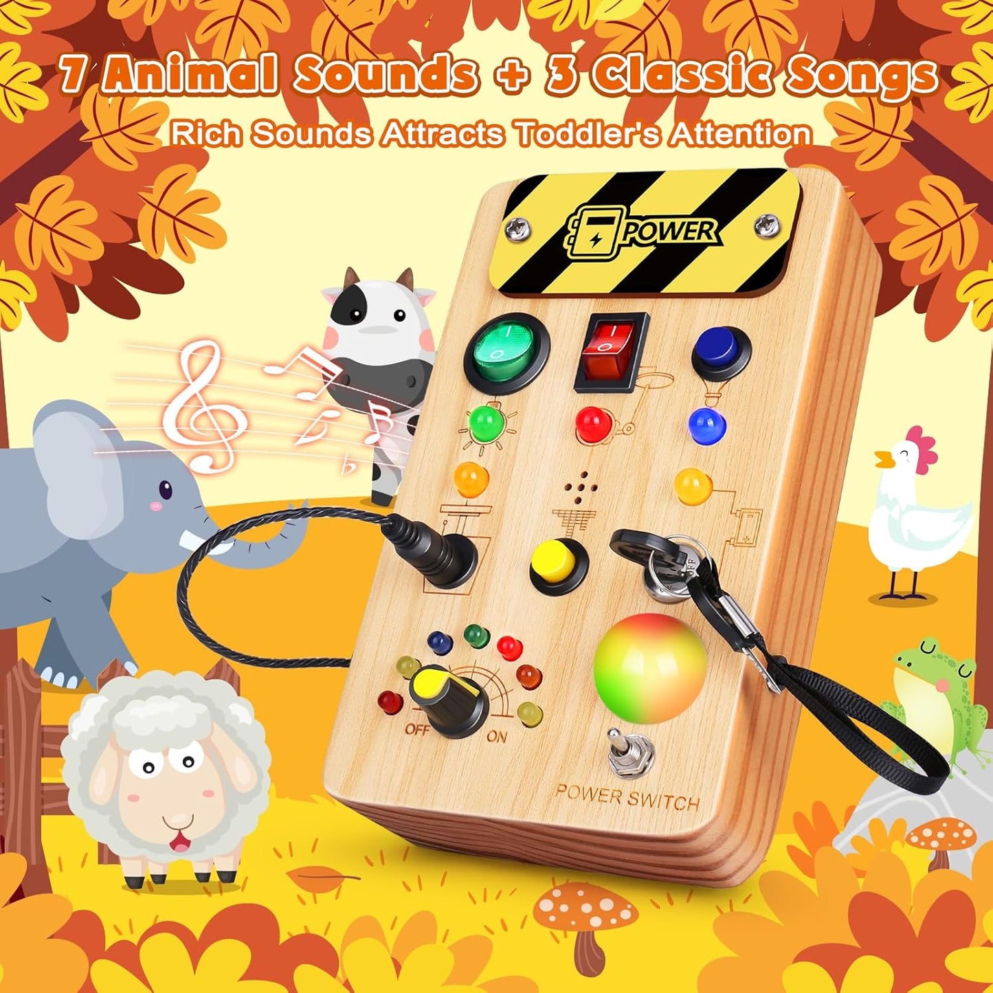 Busy Board Montessori Toys for Toddler, Wooden Sensory Board Switch Toy with Color-Changing LED Light Up Travel Toys Educational Plane Travel Activity for 1-6 Year Old Girls & Boys Gifts