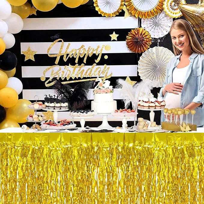 4P Wavy Metallic Tinsel Foil Fringe Table Skirts for Rectangle Tables Backdrop Garland Curtains for Parade Floats Wedding Birthday Parties Decoration Graduation 2025 Christmas (Gold)