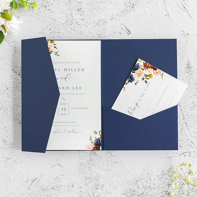 20 PCS Navy Blue Tri-fold Laser Cut Wedding Invitation Pockets for 5x7 Wedding Cards Bridal Shower Engagement Quinceanera Invitation