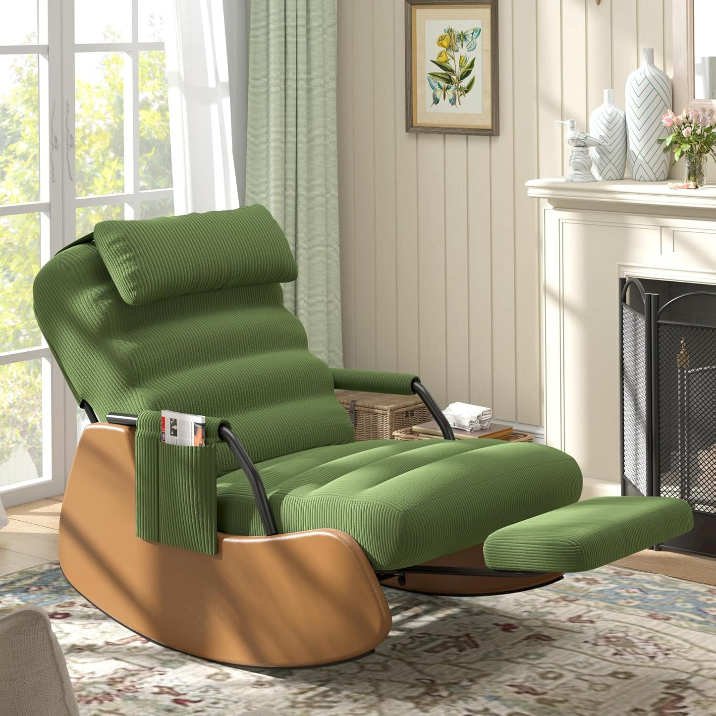 Polar Aurora Nursery Rocking Chairs with Soft Seat and Headrest,Corduroy Fabric Accent Chair with Side Pocket,Glider Rocking Chair for Bedroom/Living Room/Nursery. (Green/Brown)