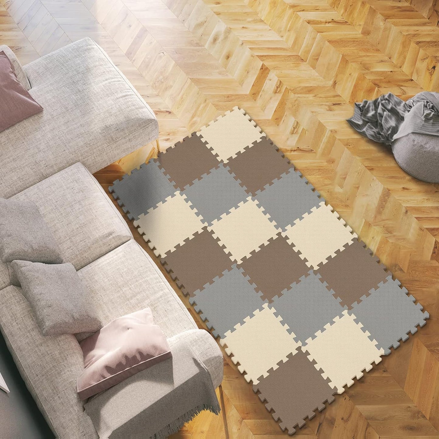 qqpp EVA Rubber 18 Tiles Interlocking Puzzle Foam Floor Mats - Baby Play Mat for Playing | Exercise Mat for Home Workout. Brown, Beige, Gray. QC-FJLb18N
