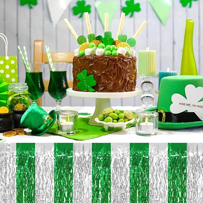 4P Wavy Metallic Tinsel Foil Fringe Table Skirts for Rectangle Tables Backdrop Garland Curtains for Parade Floats Wedding Birthday Parties Decoration Graduation 2025 Christmas (Silver Green)