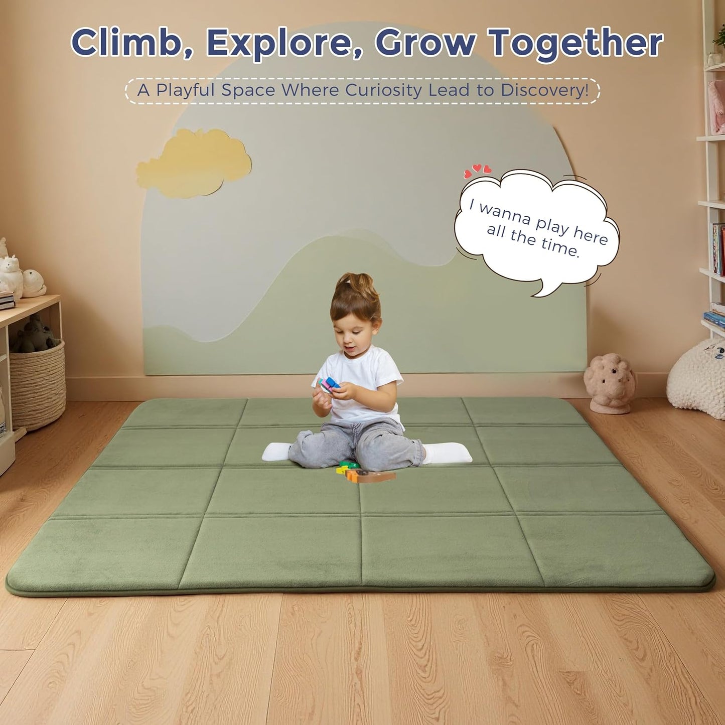 MAXYOYO 1.2" Thick Baby Play Mat for Floor, 78"x 78" Foldable Playpen Mat,Tummy Time Foam Mats Ultra Soft Support, Padded Carpet with Non-Slip Backing for Infant,Kids and Toddler Crawling, Green